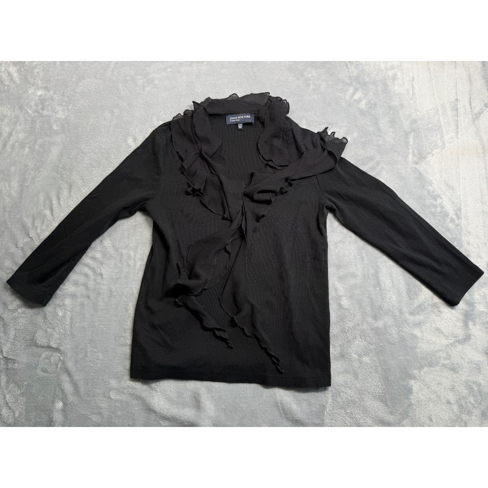 Jones New York Signature Blouse Top Womens Small Black Cotton Ruffle V-Neck